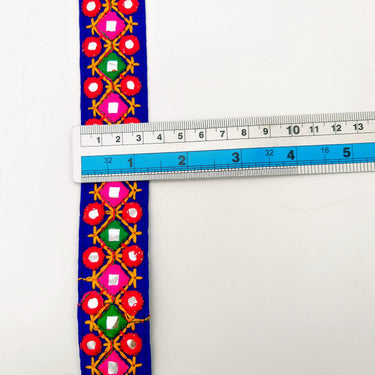 Blue Multicoloured Indian Mirror Trim Kutch Embroidered Navratri Garba Dress Trim Bridal Lace, Indian Sari Border 34 mm Wide Trim Per Yard